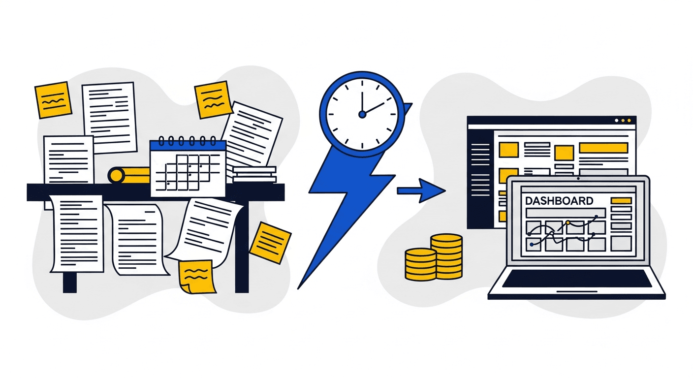 Messy desk with scattered invoices on the left transforming via lightning bolt to clean laptop dashboard on the right illustrating manual vs automated AR