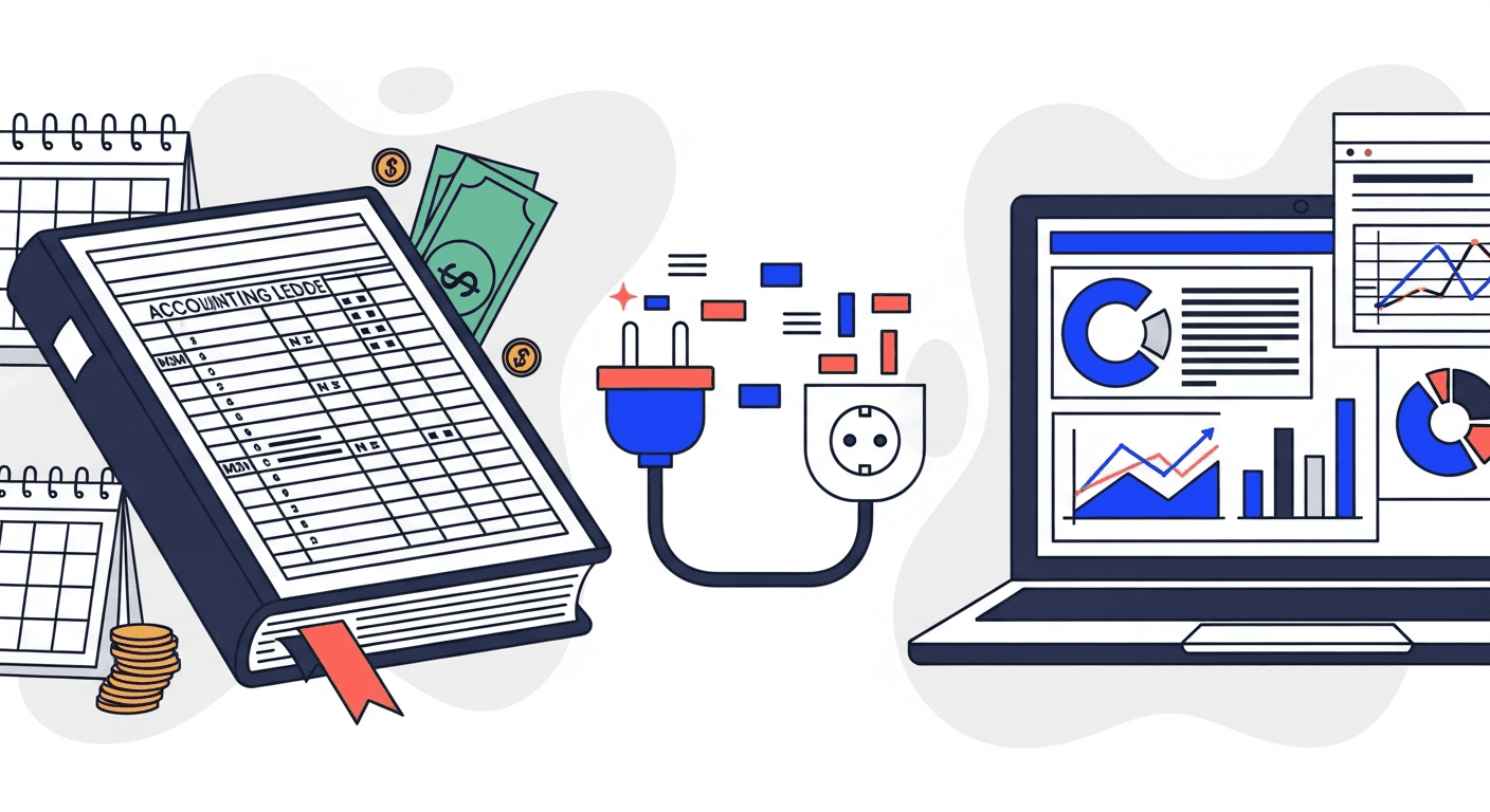 Accounting ledger book connecting to laptop via plug and socket illustrating QuickBooks AR integration