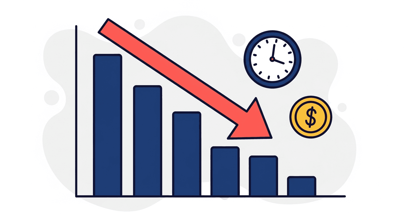 Downward trending bar chart with clock and dollar coin illustrating DSO reduction