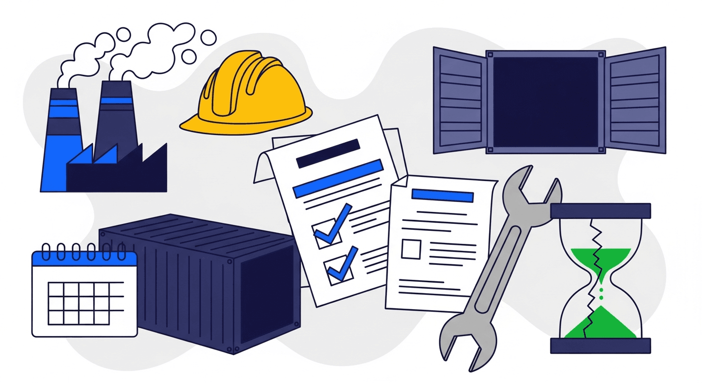 Stack of factory building, hard hat, shipping container, and invoice documents illustrating manual AR risk in heavy industries