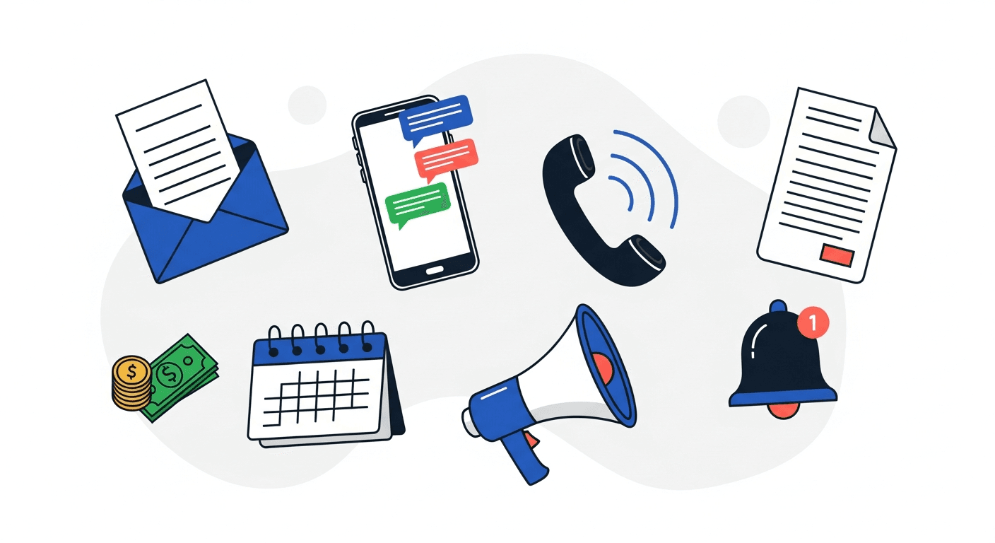 Email envelope, phone handset, mobile device, megaphone and bell illustrating multi-channel payment collection