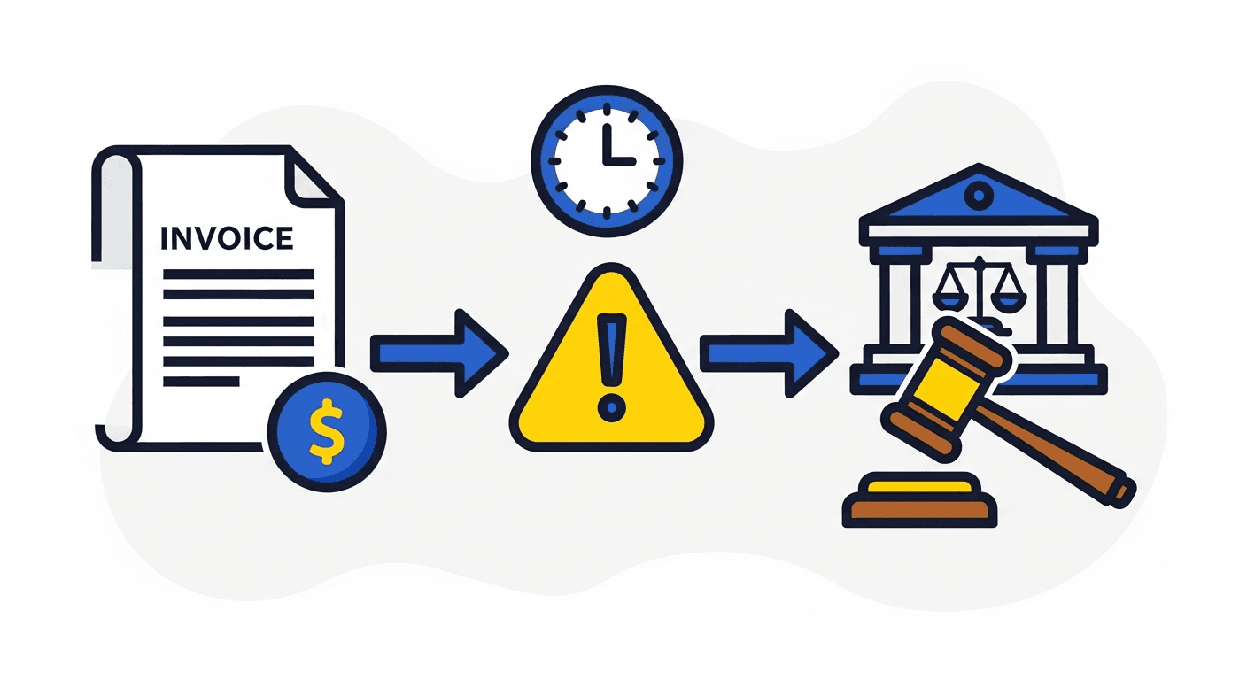 Invoice document flowing through warning stage to gavel illustrating collections escalation timeline