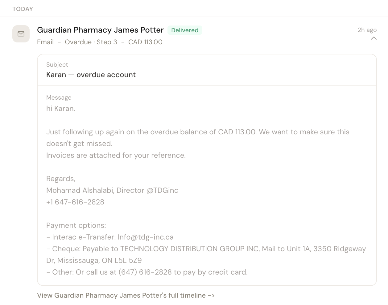 When an invoice goes overdue, Yonovo follows up by email, SMS, and AI-powered phone calls on your behalf.